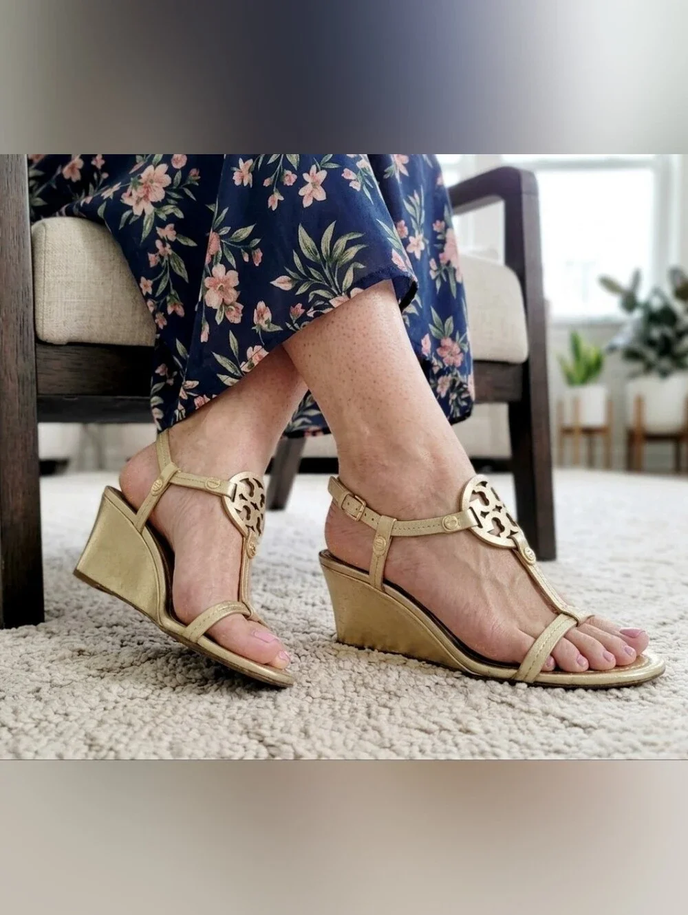 Tory Burch Miller Wedge Sandals Heels Spark Gold Size 7